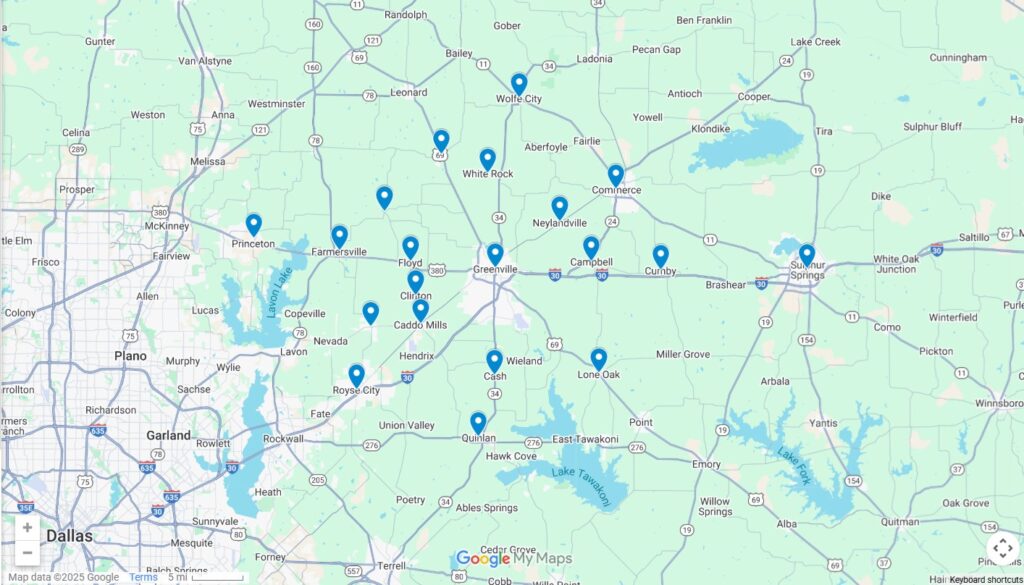 Twin Unicorns Party service area covering Greenville, Commerce, and 20+ Texas communities